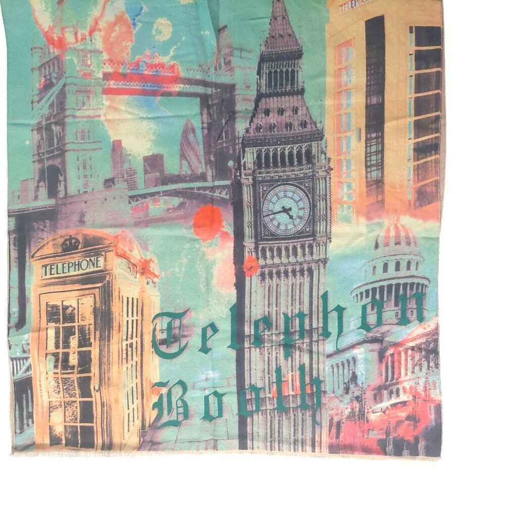 Vintage Chanel Multi-Color Green Telegraph Booth Print Blanket Scarf Scarve Wrap - Picture 6 of 8